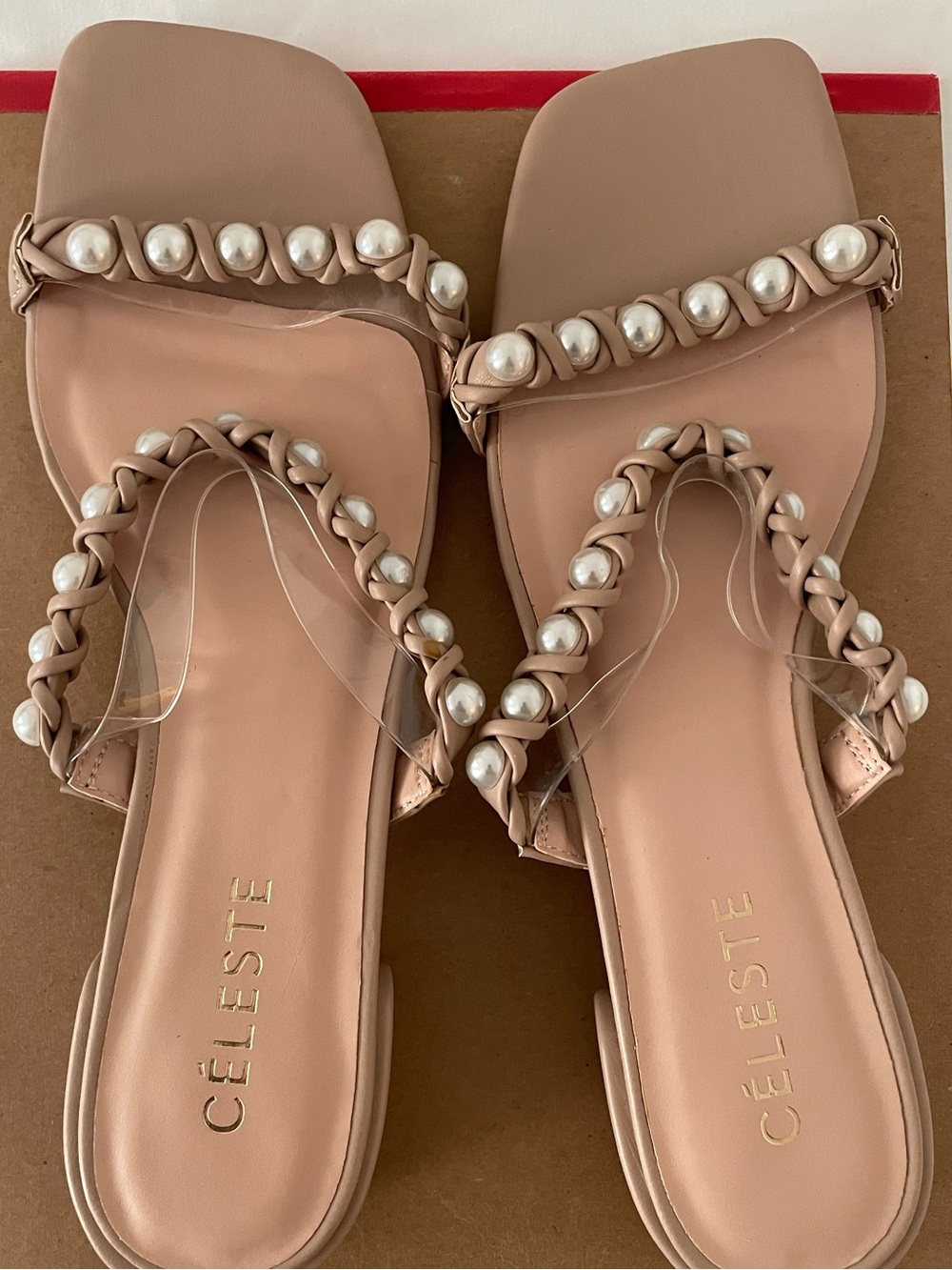 Celeste Pearl-Embellished Nude Braided Slide Sandals